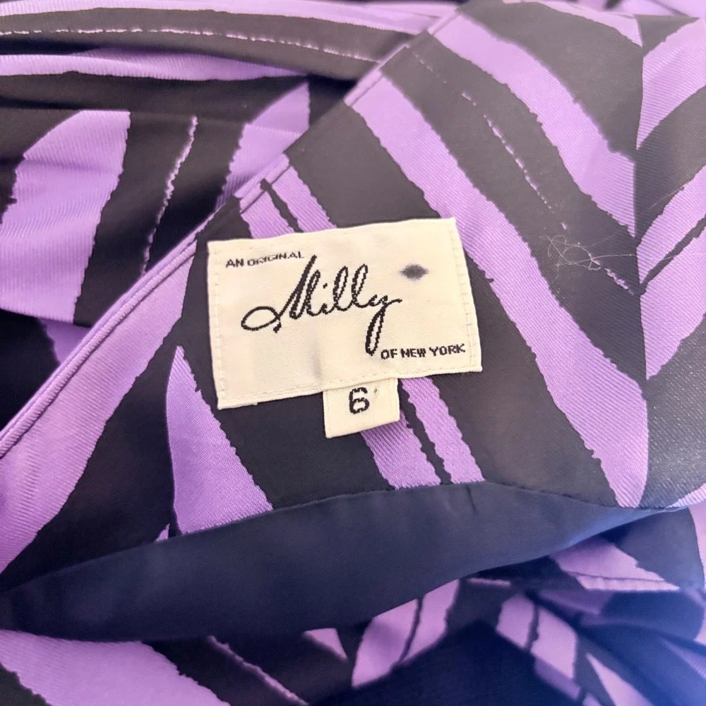 Milly Marcela Silk Purple Black Striped Sleeveless Sheath Dress Side Drape Sz 4 - Picture 15 of 15